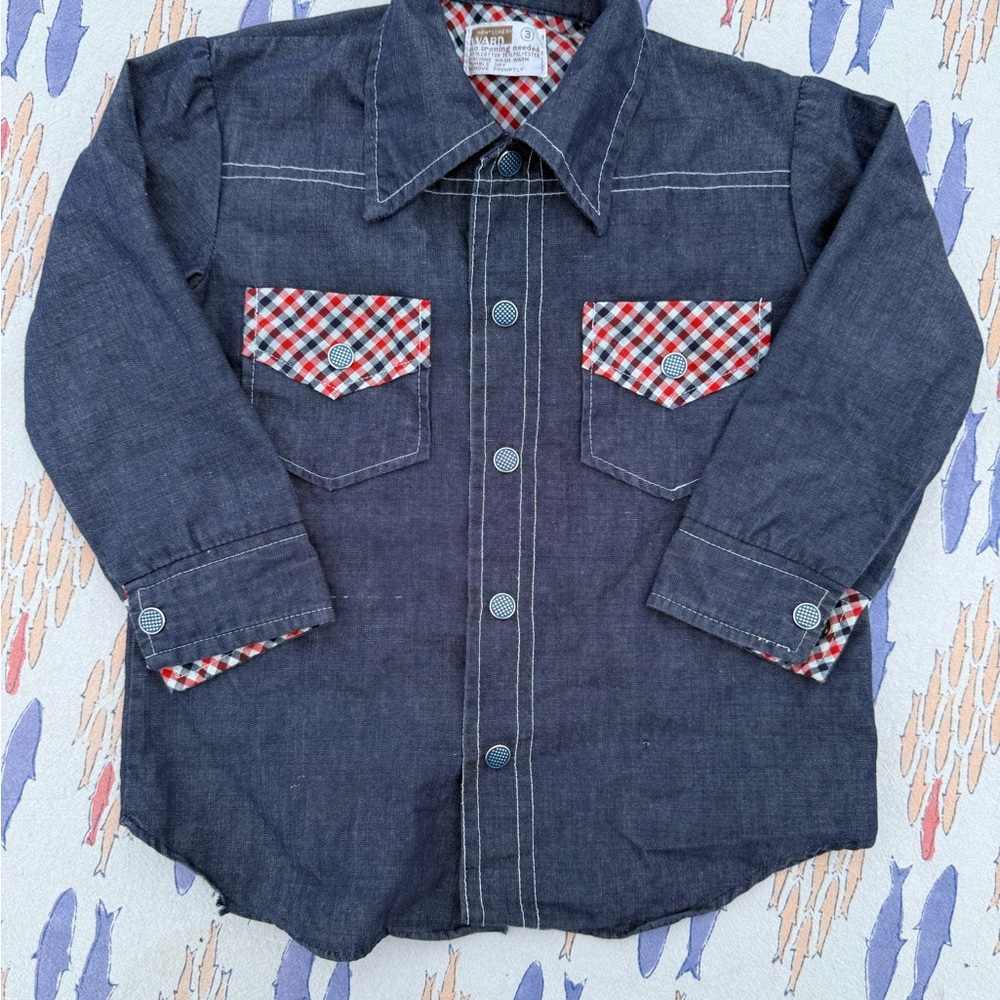 VINTAGE 80’s Children's Denim Shirt with Checkered Accents